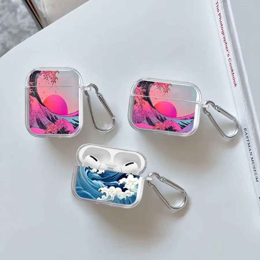 

Case For Airpods 4 3 2 1 Pro3 Pro Pro2 Clear Earphone Cases Cover Cartoon Wave Pattern