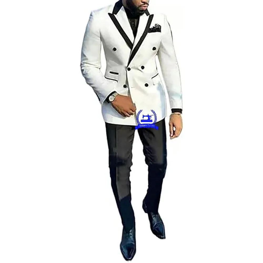 

New Tailored White Double Breasted Men Suits Top Lapel Tuxedo Slim Fit Male Costume Pour Homme Groom Two Pieces Prom Sets