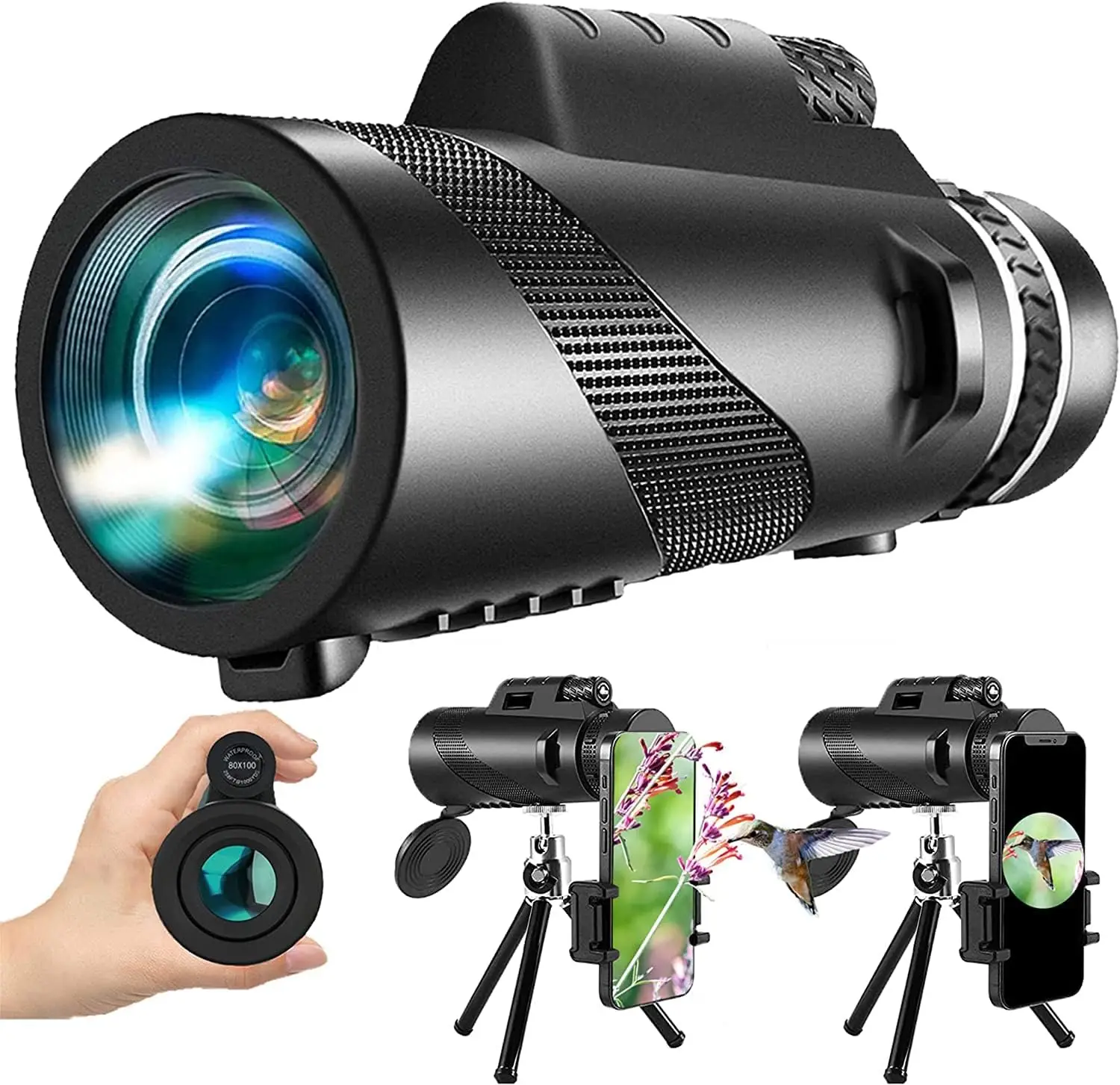 Telescopio Monocular HD con soporte para teléfono, Prisma BAK4 impermeable para avistamiento de aves, caza, senderismo, Camping al aire libre, 80x100