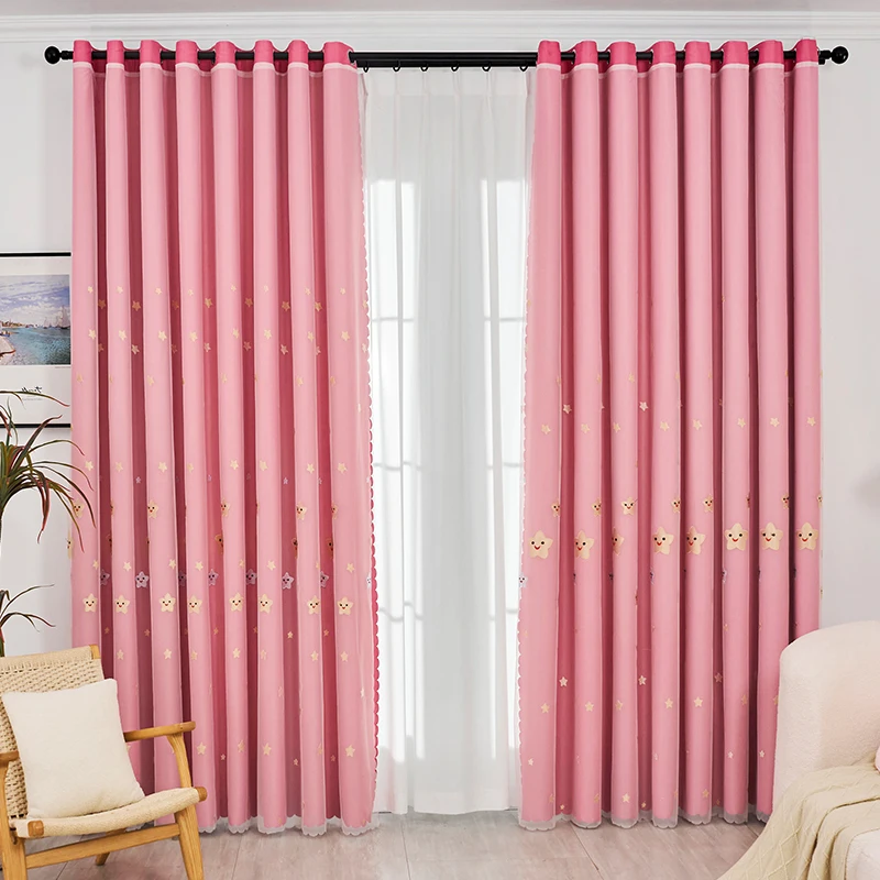 ผ้าม่านสองชั้นสีชมพูน่ารัก 1 ชิ้น พร้อมลายปักดาว ตกแต่งหน้าต่างสไตล์โมเดิร์นสำหรับห้องนั่งเล่นและห้องนอน