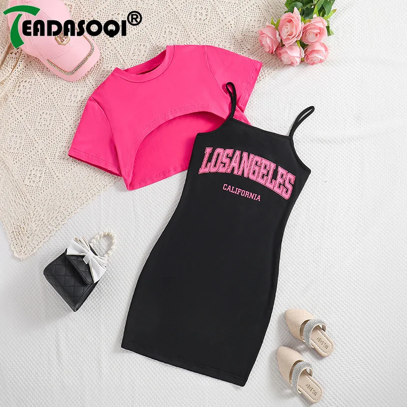 8-12Y Summer Kids Girls Dress Outfits Short Sleeve Crop Coat+Letter Prints Suspenders Bodycon Dresses Children Clothes 2Pcs Set