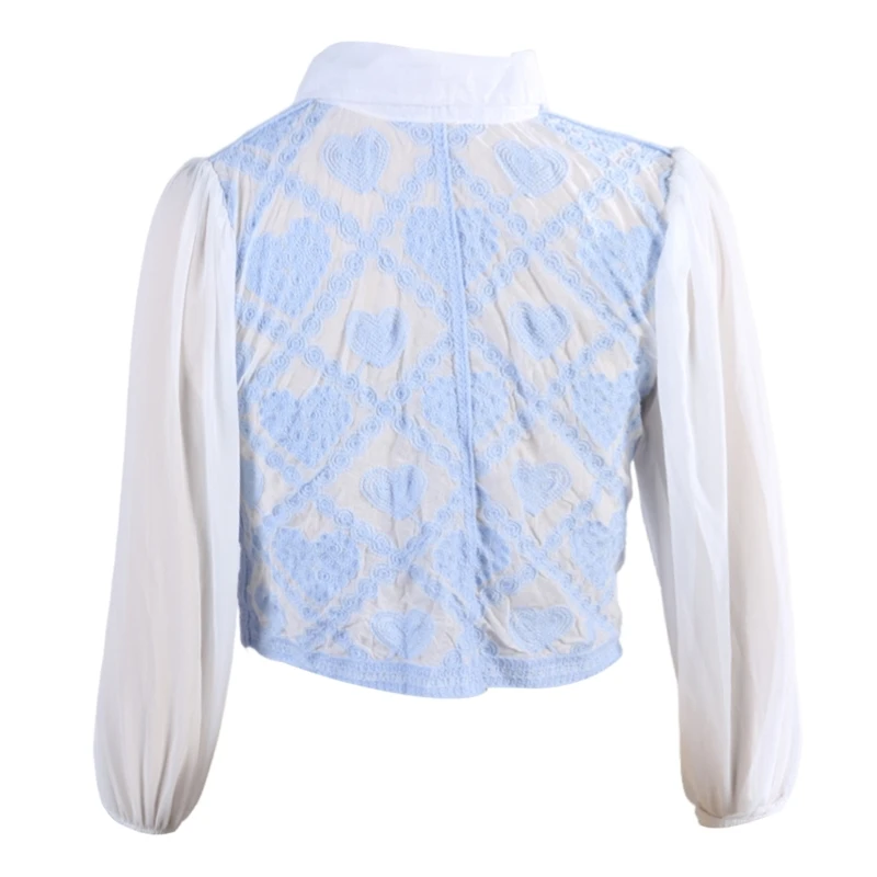 Women Crochet Heart Cardigans Puff Sleeve Lapel Button Up Loose Blouses N7YF
