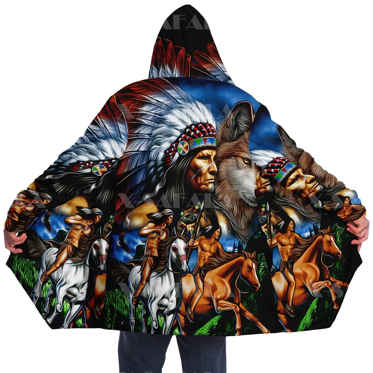 Native Feather Totem Aboriginal Overcoat Coat 3D Printed Thick Warm Hooded Cloak for Men Windproof Fleece Unisex Casual-38