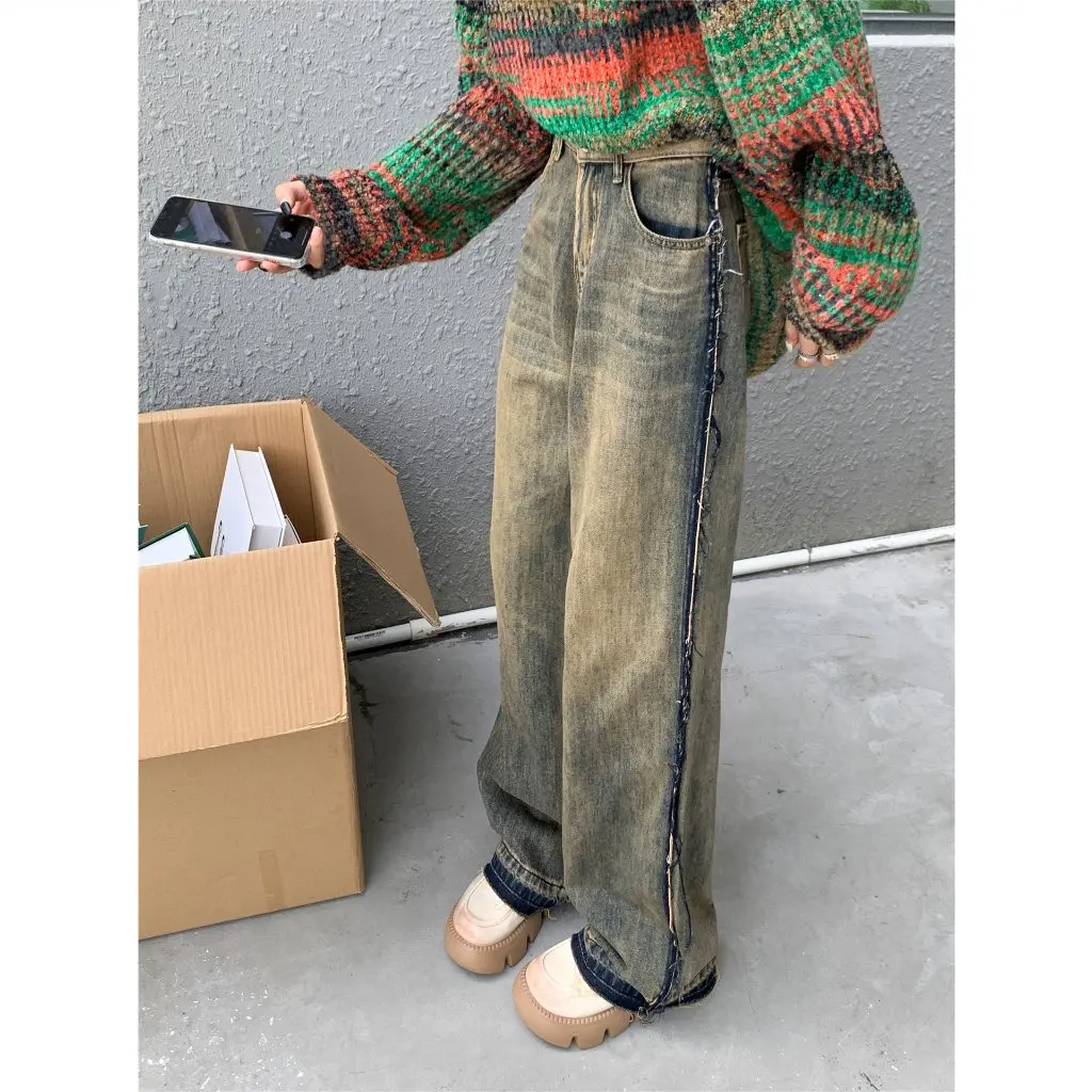 

Women's Vintage High Waist Jeans Hong Kong Style Slimming Straight Wide Leg Trousers for Chubby Girls