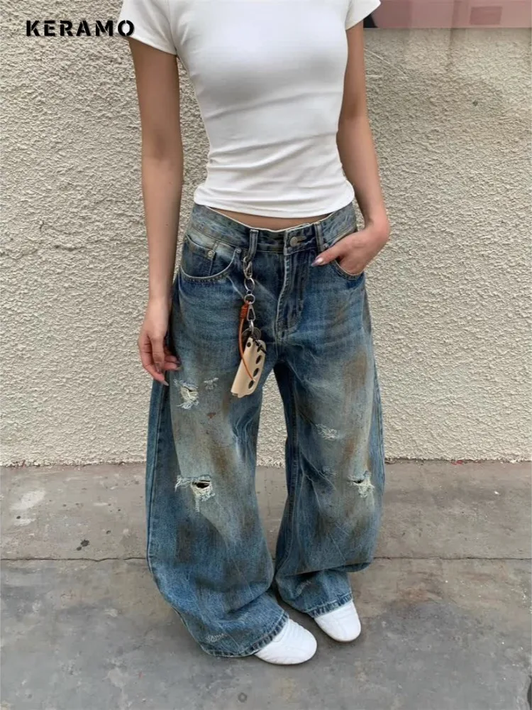 

Vintage Ripped Harajuku Loose Fit Jeans Y2K Damage Emo Wide Leg Trashy Pants Women's Kpop Baggy Light Blue Denim Trouser
