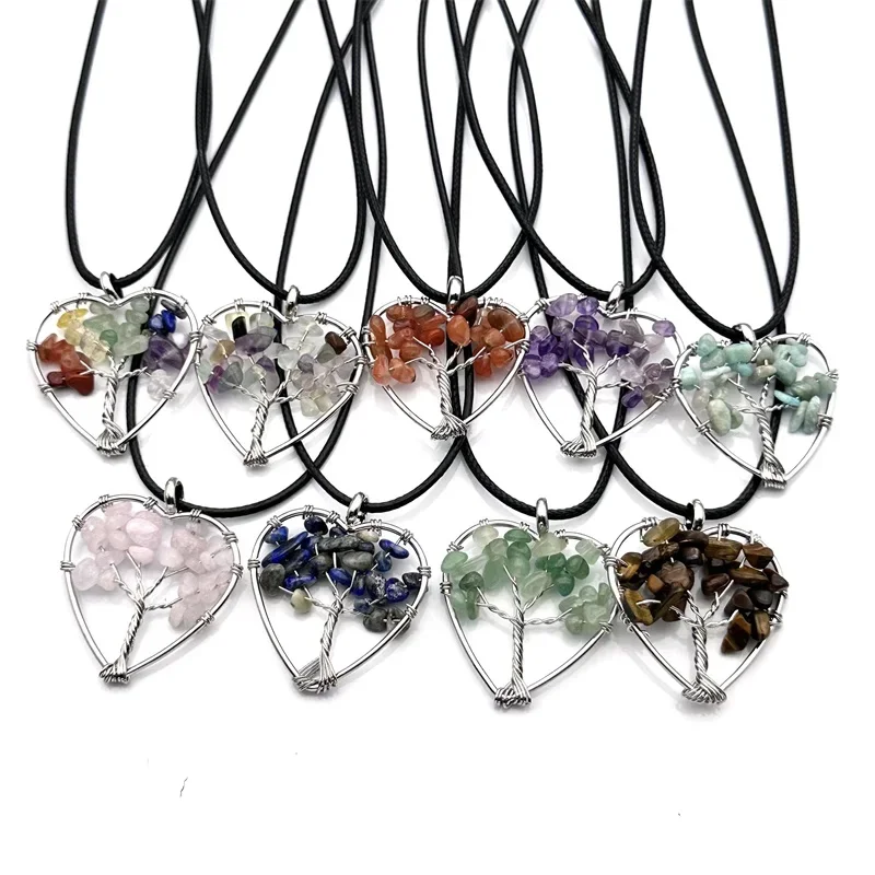 5 Pieces /lot Chip Stone Tree of Life 30mm Heart Pendant Fluorite Rose Quartz 7 Chakra Charms Free Rope Chain Necklace Jewelry