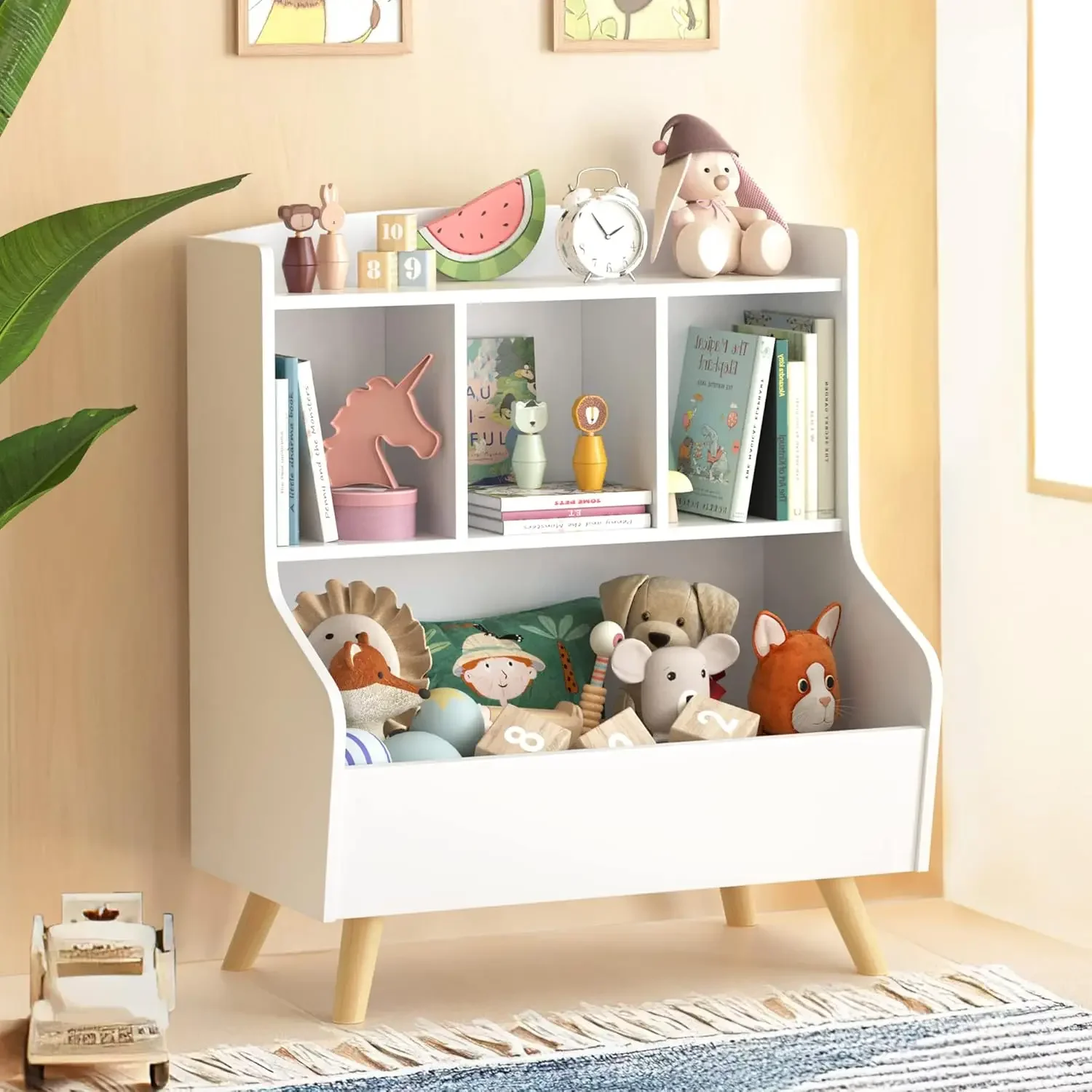 Kinder-Bücherregal und Spielzeugaufbewahrung, 3-stöckiges offenes Bücherregal aus Holz, Babybuch- und Spielzeugaufbewahrungs-Display-Organizer