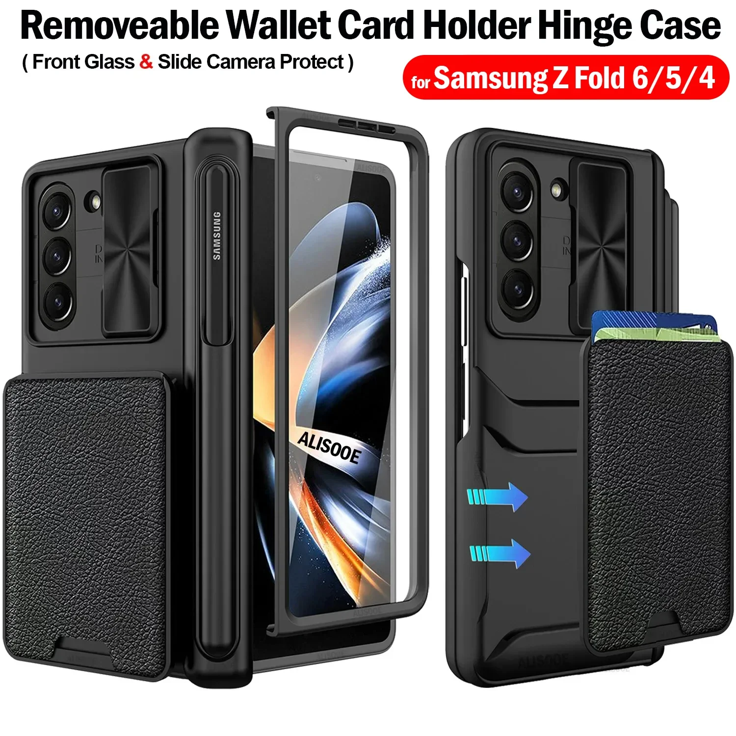 Wallet Card Holder Funda for Samsung Galaxy Z Fold 6 Fold6 5 4 Case Hinge Pen Slot Removeable Slide Camera Front Glass Cover