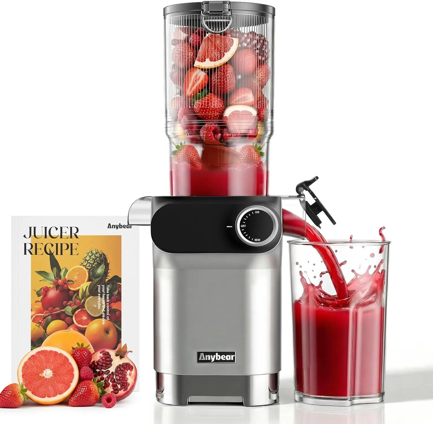 200W Masticating Slow Juicer, Cold Press Juicer with 4.3-Inch Extra-Wide Feed Chute for Whole Fruits & Vegetables, Upgraded Auge