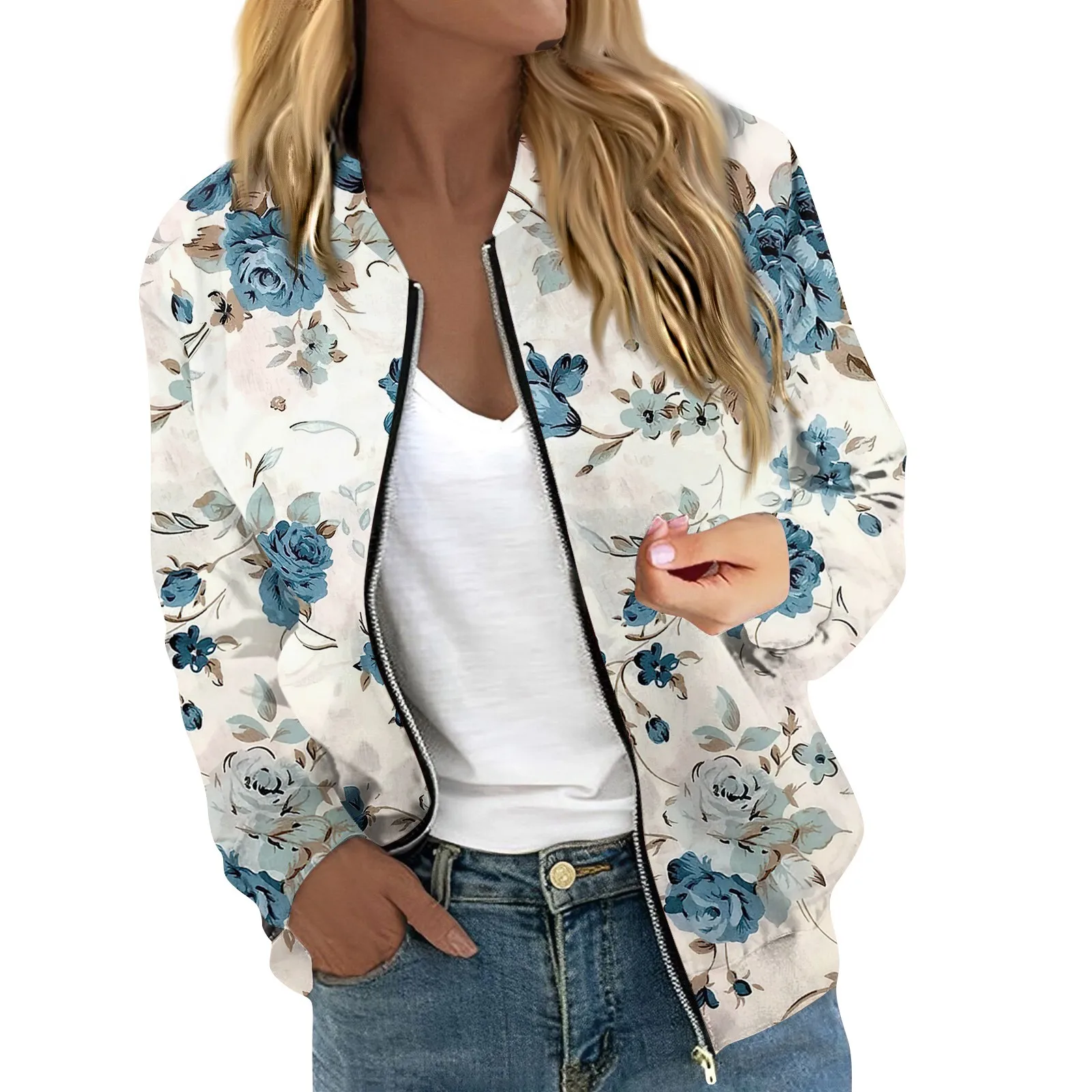 Women Elegant Zipper Bomber Jackets Spring Autumn Floral Printed Jackets Casual Coat Retro Outwear  Round Neck Zipper Jackets