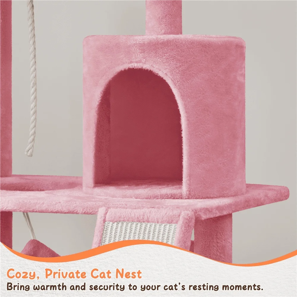 Condo per albero per gatti multilivello con cesto per amaca Tiragraffi per gatti di piccola taglia media da 63,5 pollici in legno di sisal peluche