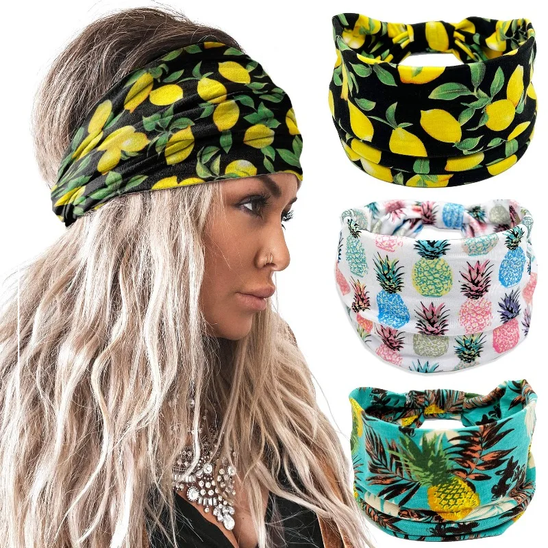 Fruit Print Wide Headwrap Headbands for Women Boho Knoted Elastic Beach Hair Bands Girls Hair Accessories Turban Bandage