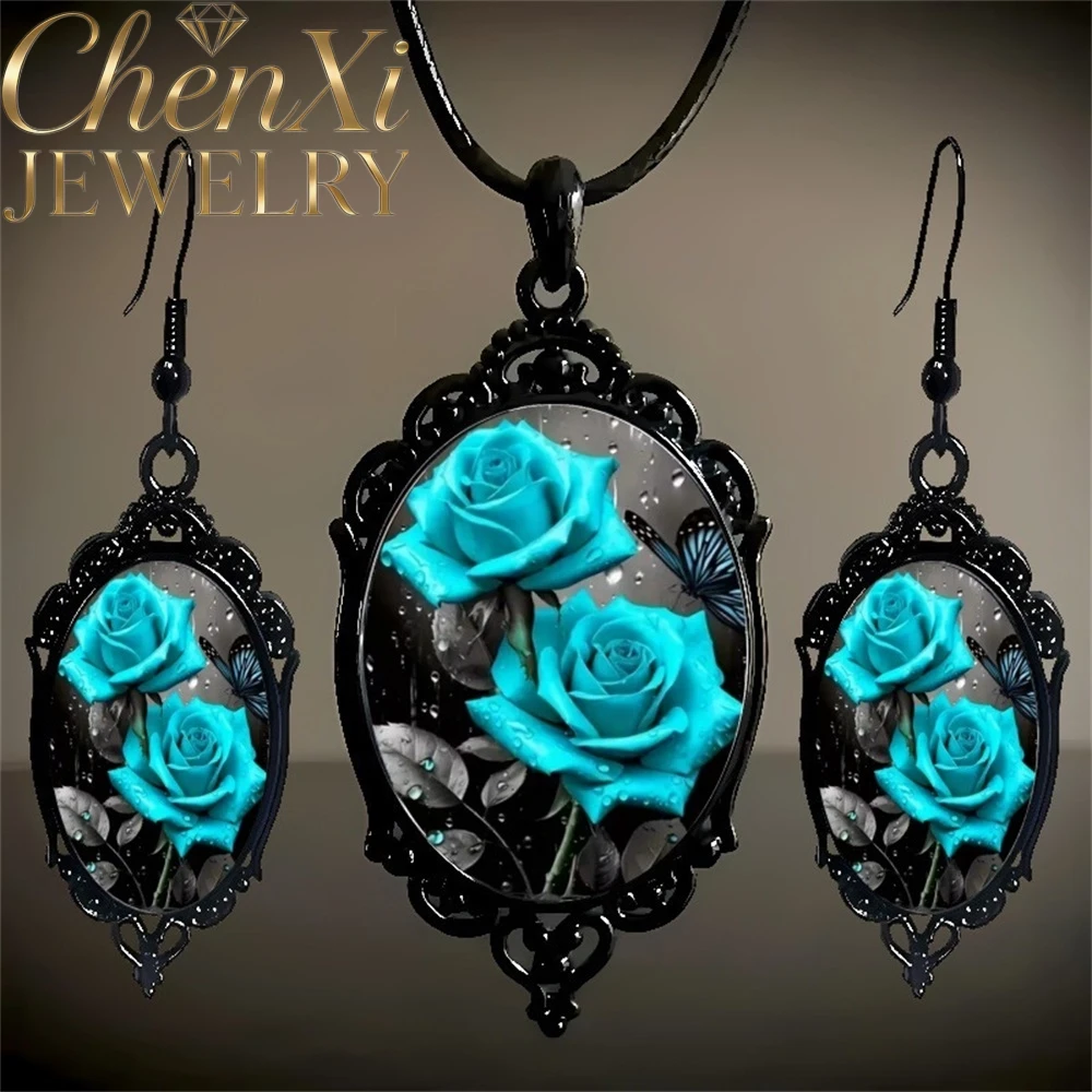 Floral-Patterned Black-Framed Glass Pendant Earrings Necklace Set Best Selling Popular Exquisite Gift Fashion Jewelry Simple
