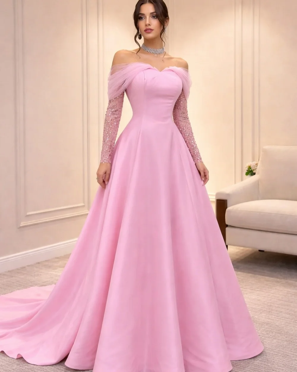 

Customized Fashion Women Jersey Sequined Ruched A-Line Evening Dresses Elegant Off-the-shoulder Three Quarter Sleeve Party Gowns