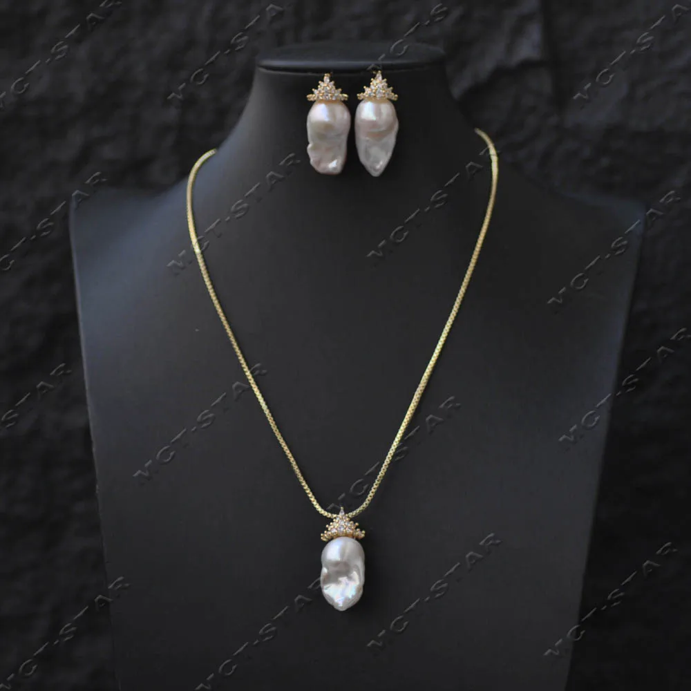 Z14561 Set 23mm Golden Crown All CZ White Baroque Reborn Keshi Pearl Dangle Earring Pendant view 2