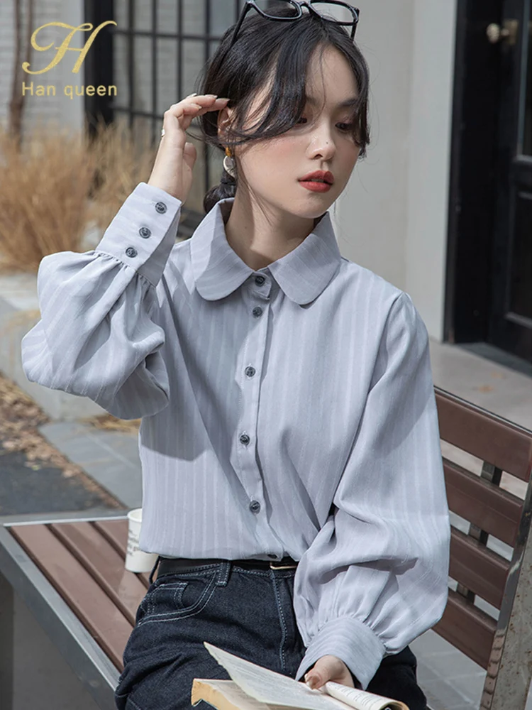 

H Han Queen Chic Vintage Stripe Office Fashion Tops Women's Shirt Korean Reviews Many Clothes Autumn Long Sleeved Blouses 2025