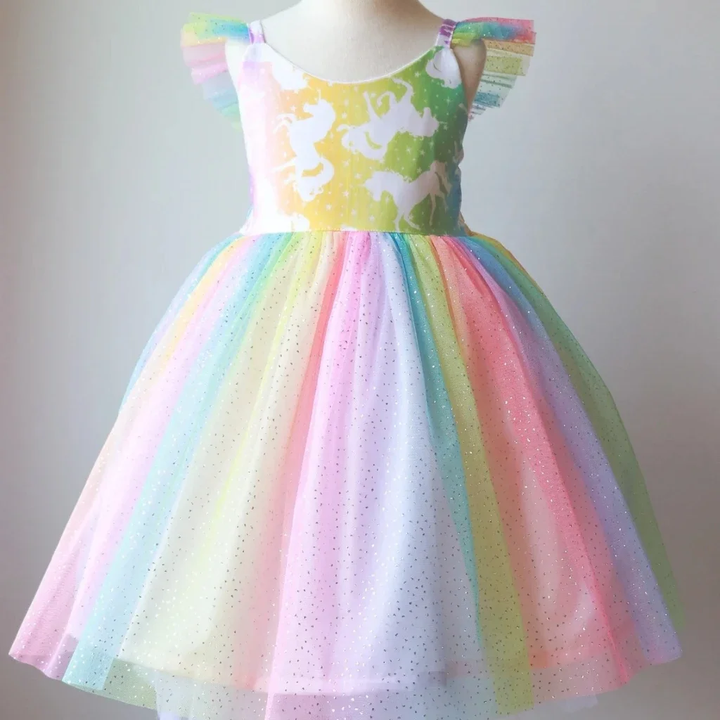 2024 Mesh Dress Baby Girl 1 2 3 4 5 6 Years Old Rainbow Summer Short Sleeve Girl Princess Dress Birthday Toddler Girl Kids Dress