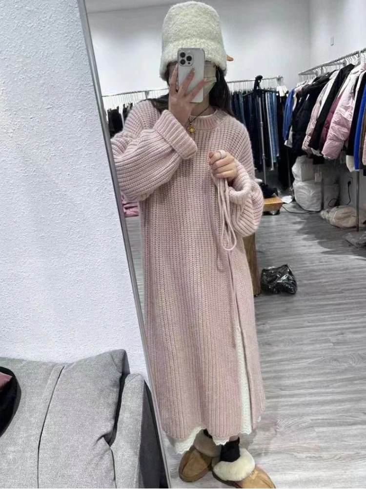 Knitting Long Dresses Women Korean Side-slit Loose Autumn Winter Minimalist Feminine Tender Temper Dress Stylish Classic Basic