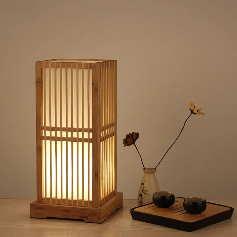 Japanese Style Bamboo Wood Table Lamp Simple Warm Light Bedroom Bedside Decor Tatami Floor Lamp for Tea Room Living Room Home