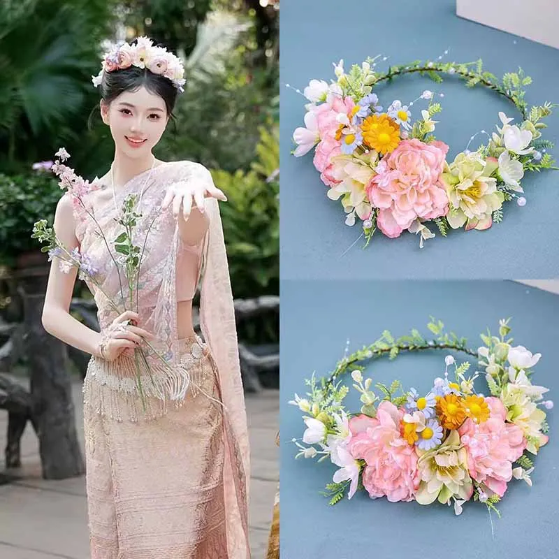 

Women Hairpin Wreath Headdress Beach Crown Silk Flower Hair Ornament Performance Hair Band Ethnic Style Hanfu Accessories