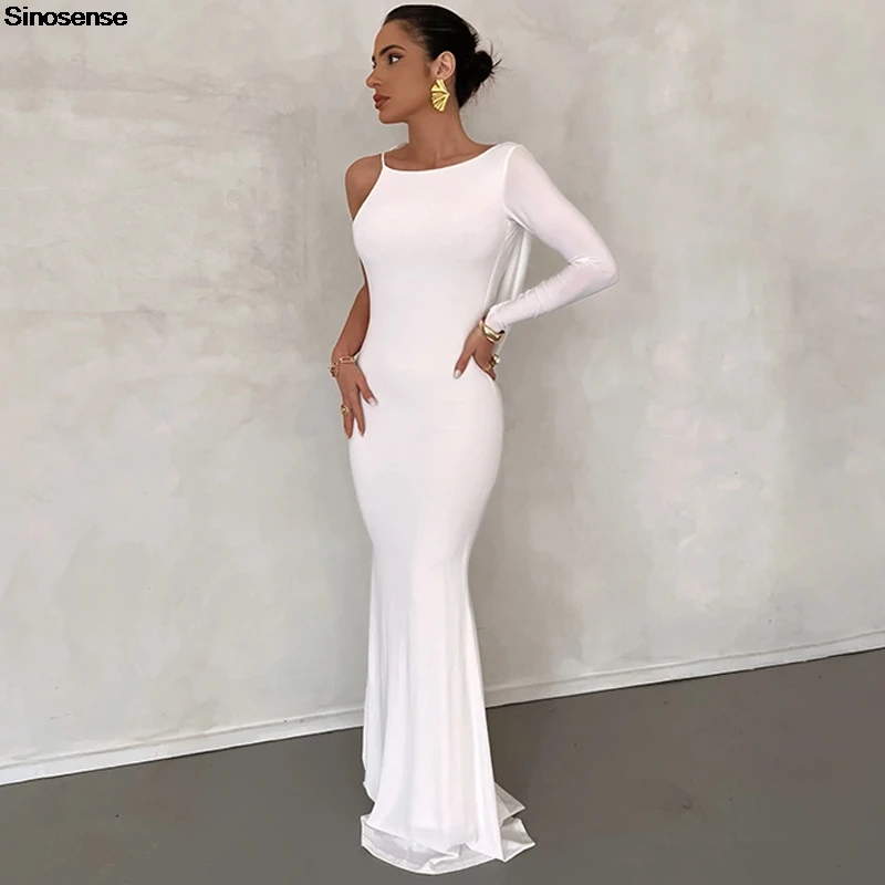 Womens Elegant Wedding Guest Cocktail Party Maxi Dress Sexy One Shoulder Long Sleeve Slim Bodycon Club Dinner Evening Dress