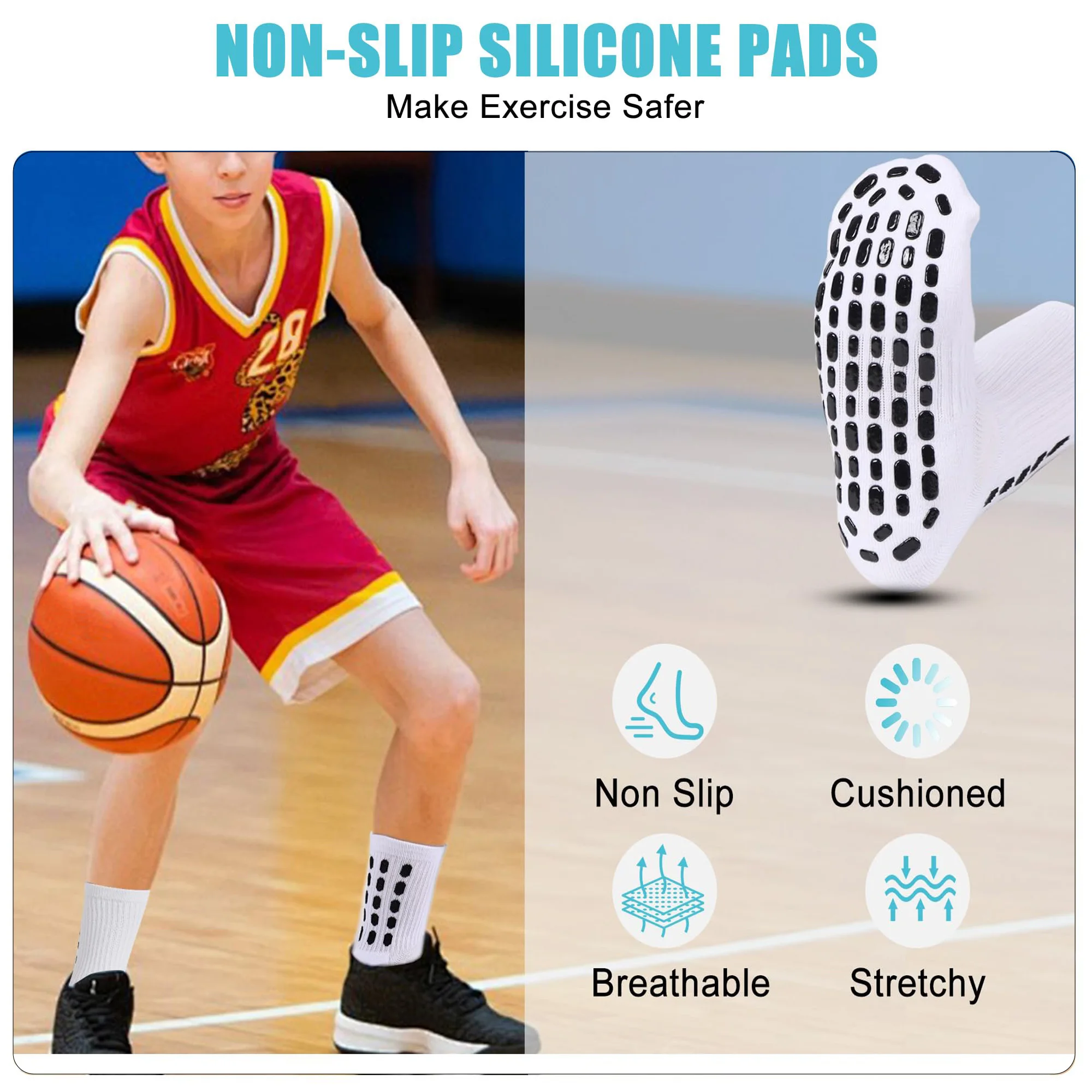 4/8 pares de calcetines de fútbol con agarre para niños, calcetines deportivos atléticos de fútbol antideslizantes acolchados para niños y niñas