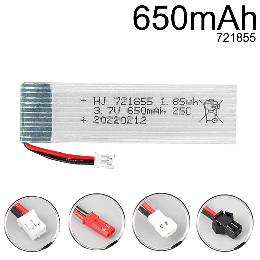 3.7V 650mAh Lipo Battery with PH2.0/JST/SM/XH2.54 Plug 721855 For RC Helicopter Drone Spare Part 1S Rechargeable Battery