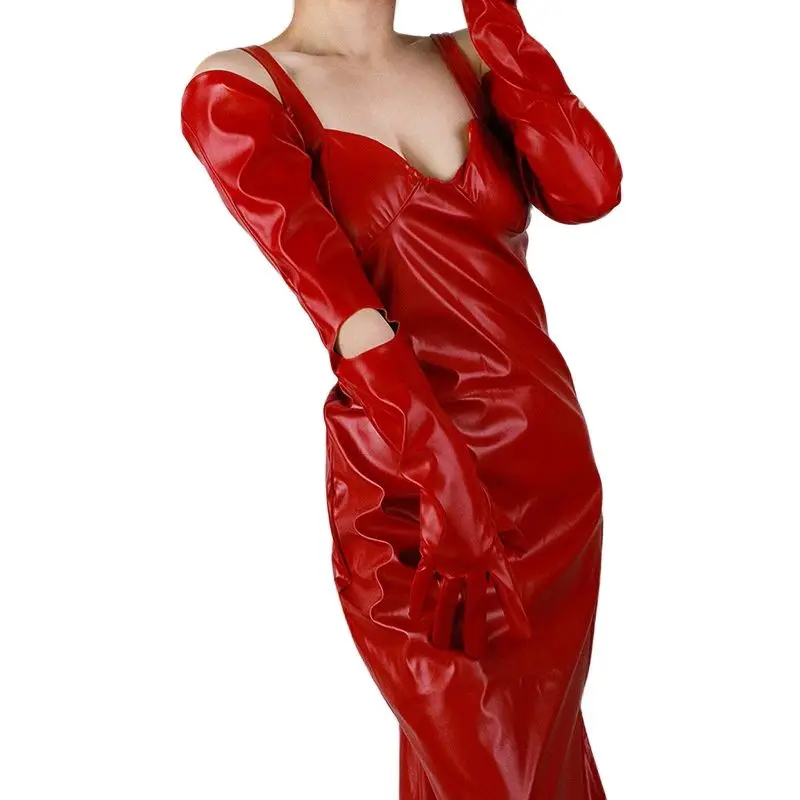 70cm Long Red Faux Leather Imitation Sheepskin Gloves Women Christmas Theme Party Club Wear with Hole Female Fashion Accessory
