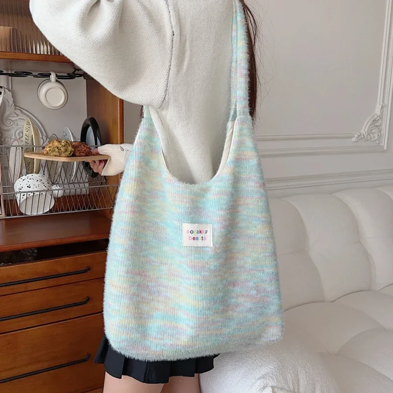 Soft Plush Ladies Shoulder Bags Fashion Knitted Rainbow Color Women's Tote Shopping Bag Large Capacity Female Handbags Purse