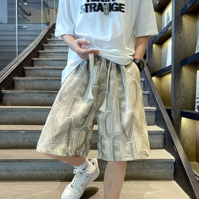 

Summer Shorts Men Chic Loose Wide Leg Knee Length Hiphop Letter Print Casual Drawstring Elastic Waist Pocket Sweatpants