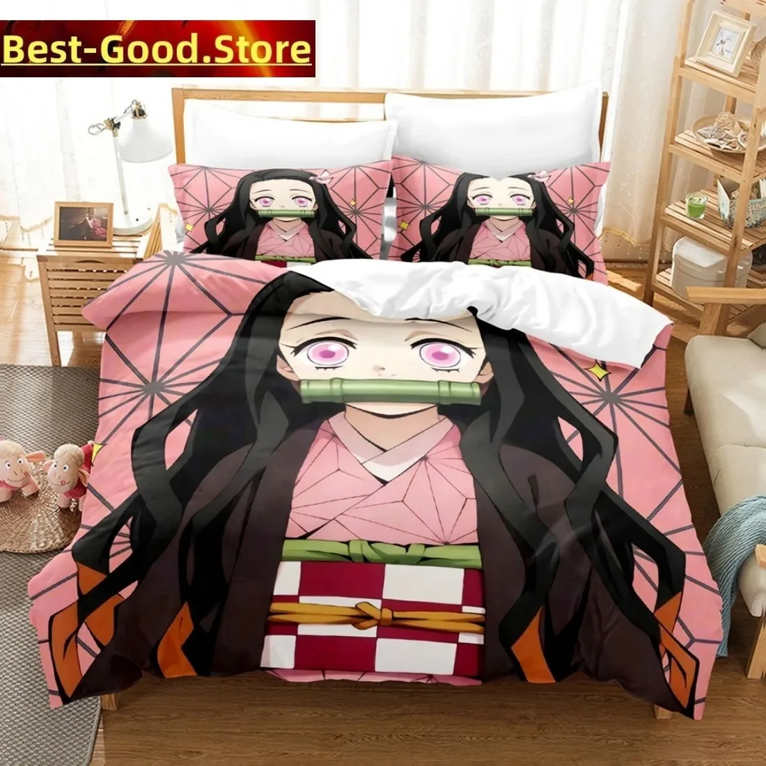 Anime Nezuko Kamado Demon Slayer Bedding Set Boys Girls Twin Queen King Size Duvet Cover Pillowcase Bed boys Adult Bedroom