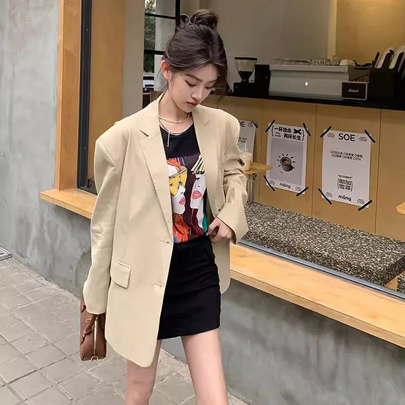 Korean Light Yellow Casual Suit Jacket Women Spring Autumn Loose Notched Collar Single-breasted Long Sleeve Blazers Coat Outwear