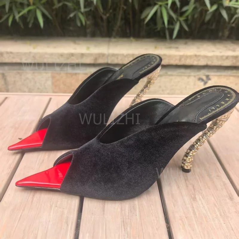 Burgundy Brown Suede Metal Stiletto Slippers Women Pointed Open Heels Black Red Stitching Sandal Gold Crystal Strange Style Shoe