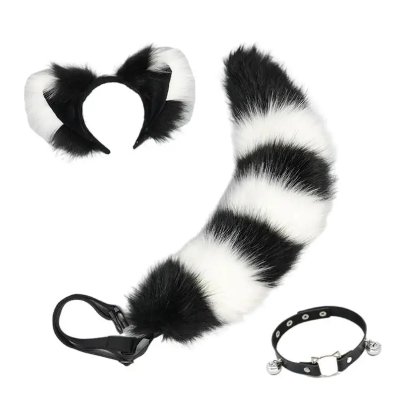 39BD Coda animale Orecchie volpe Fascia per capelli Campane Collare Collana Coda volpe Cintura regolabile Accessori per