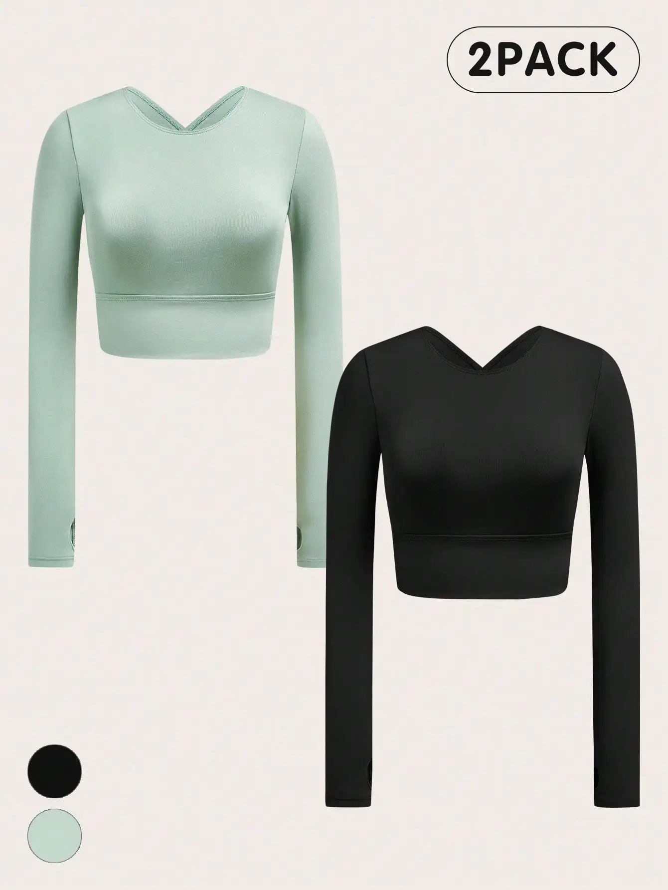 Women Solid Color Crisscross Backless Long Sleeve Cropped Sports Top 2 Pack