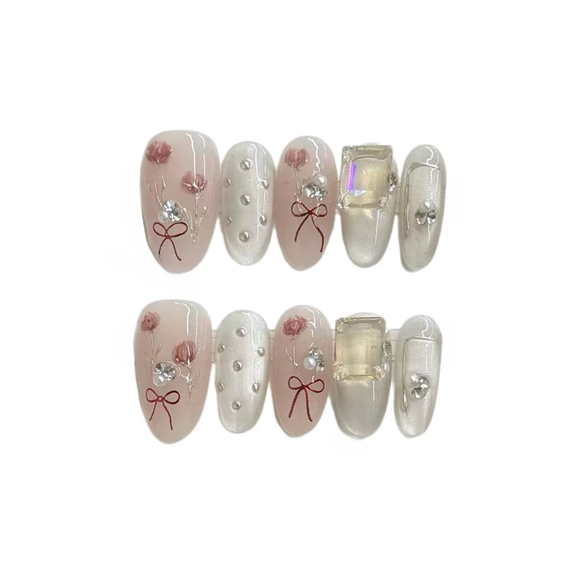 10 piezas de flores suaves perla rosa tierna prensa hecha a mano en uñas arco lindo brillo diamantes uñas postizas removibles reutilizables