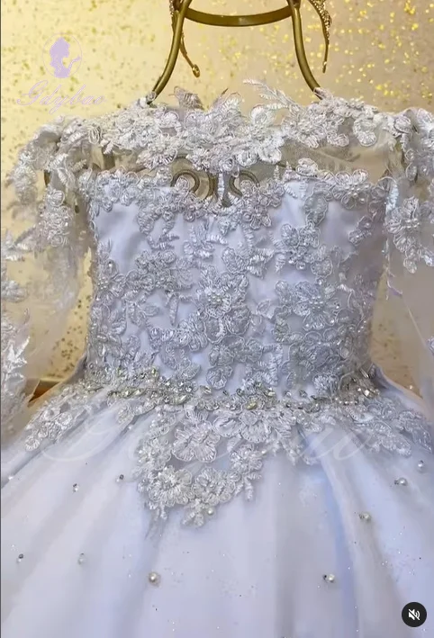 Vestido de renda branca para meninas, vestido para casamento, pérolas, apliques, mangas compridas, tule, festa de aniversário infantil, primeira comunhão, vestido de baile