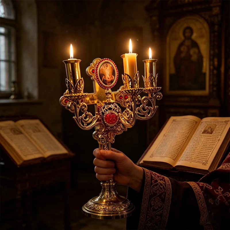 Vintage Vergoldeter Orthodoxer 3-Kerzenhalter Kandelaber mit Ikone für Kirchenliturgie Heimaltar Gebet Christliches Geschenk Dekoration