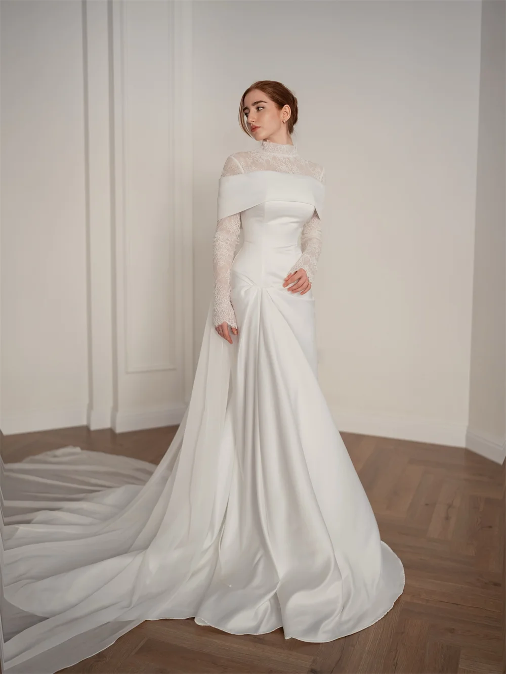 Tokyo High Neck Lace Off The Shoulder Long Sleeve Satin A Line Wedding Dress Vintage Luxury Bridal Gown For Wedding Ceremony