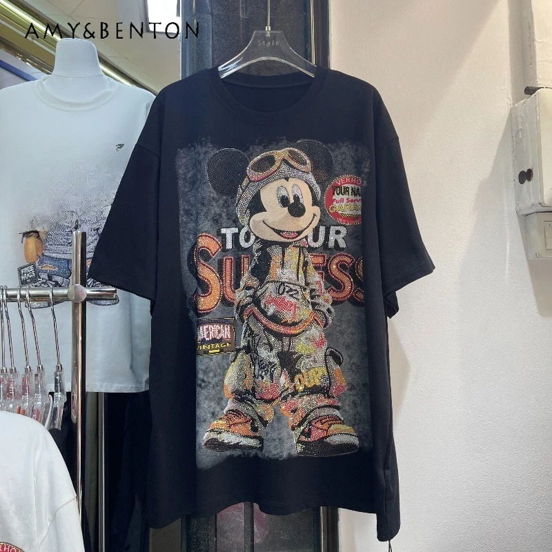 

Heavy Craft Hotfix Rhinestone Cartoon Hand-waving Loose-fit Tees Age-reducing Mid-length Short-sleeved T-shirt For Men And Women