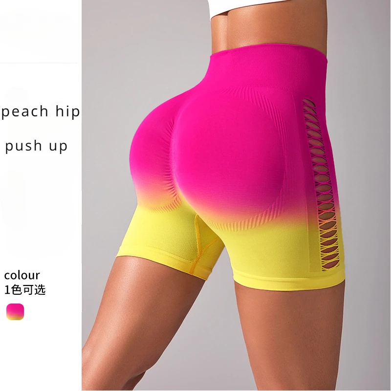 Gradient Hollow Out Yoga Hip-lifting Sports Shorts Fitness Gym Seamless Short Leggings Women Workout Scrunch Shorts Sport Femme