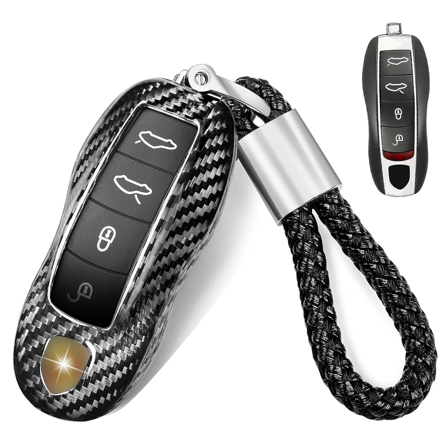 

Key Fob Cover For Porsche Carbon Fiber Key Protector Shell with Keychain for Cayenne Panamera Macan 718 911 918 Boxster Cayman