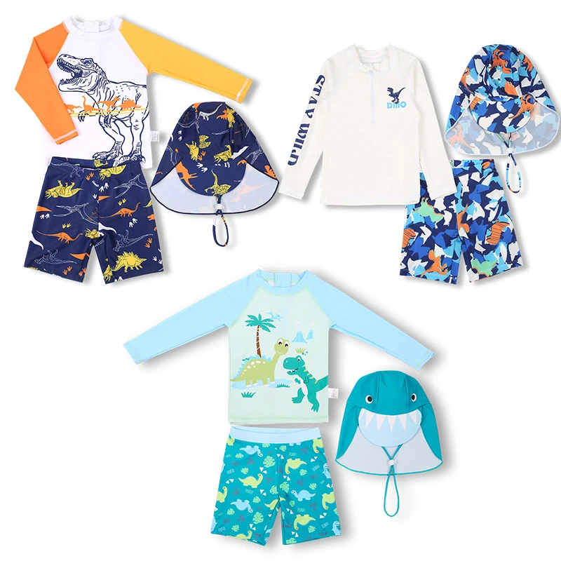 3 Pcs New Boy's Swimsuit Sun Protection UPF 50+ Long Sleeve Swimming Sunsuit With Hat Split Bathing Suits Children