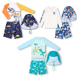 3 pezzi nuovo costume da bagno da ragazzo protezione solare UPF 50 + costume da bagno a maniche lunghe con cappello diviso costumi da bagno per bambini