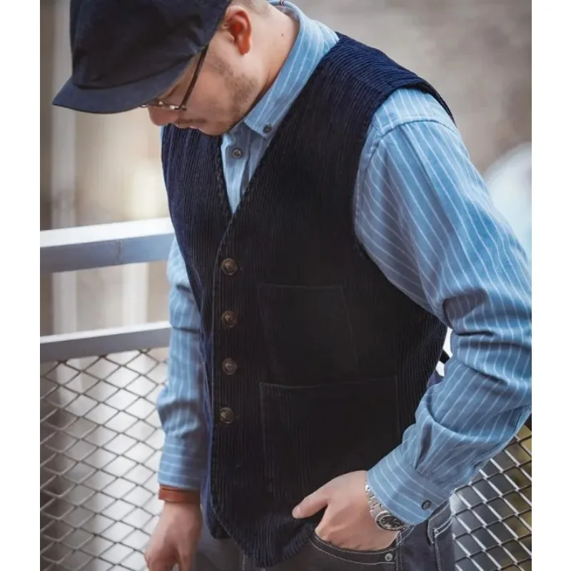 2024 New Men's Spring and Autumn Corduroy Vest Pocket Design Vest Top Solid Color Single Breasted Men's Vest