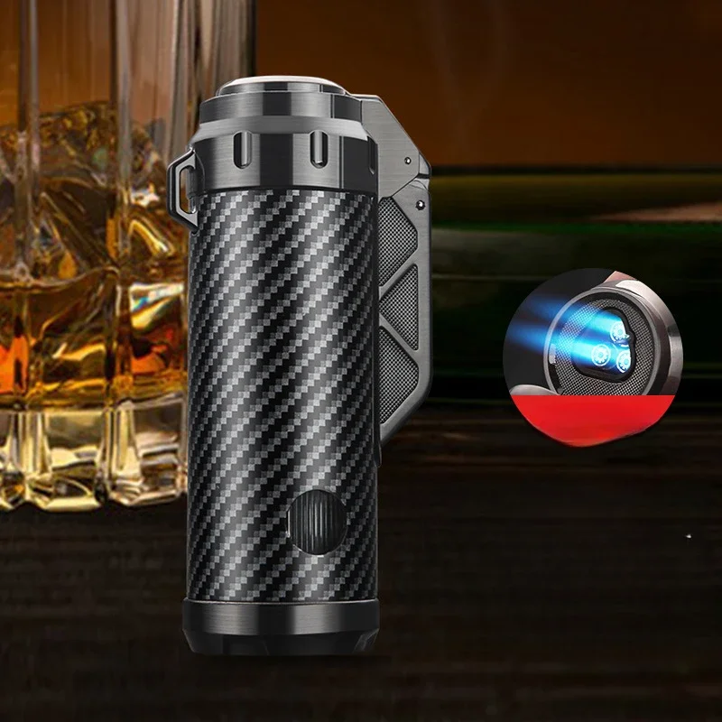 

HONEST Zinc Alloy Windproof Three Jet Flame Butane Gas Lighter Visible Gas Window Hidden Cigar Knife Cigar Lighters Smoking Gift