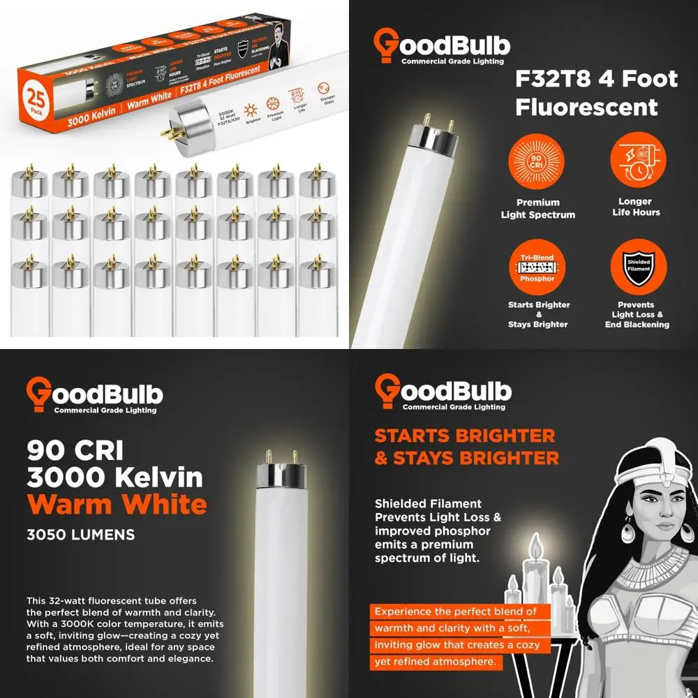 GoodBulb 32W 48 بوصة T8 لمبة الضوء الفلورسنت 3000K أبيض دافئ متوسط ثنائي الدبوس قاعدة 3050 لومينز 86 CRI 24000 ساعة حياة فورية/P