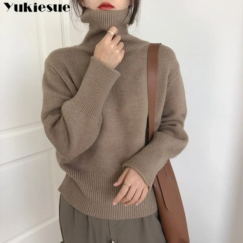 

Fashion Korean Solid Knitted Basic Pullovers Loose O Neck Long Sleeve Female Jumper Spring Autumn Warm Turtle Neck Sweater Women