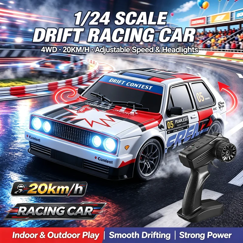 1-24スケールの24ghz対応、高速ドリフト走行可能な4wdラジコンカー。ledライト付き。男の子へのプレゼントに最適な、ラジオ制御式のgtrレーシングモデル玩具。