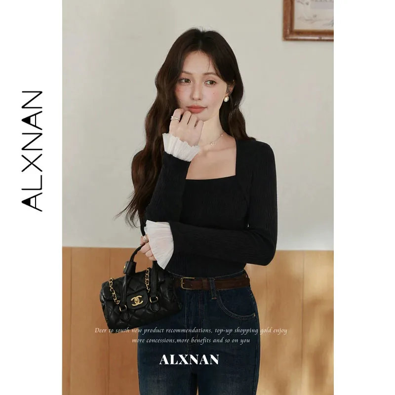 ALXNAN Black Long Sleeve T‑shirt Women Autumn Square Neck Mesh Flare Sleeve Pullover 2026 Slim-fit Casual Tops Female L678105A